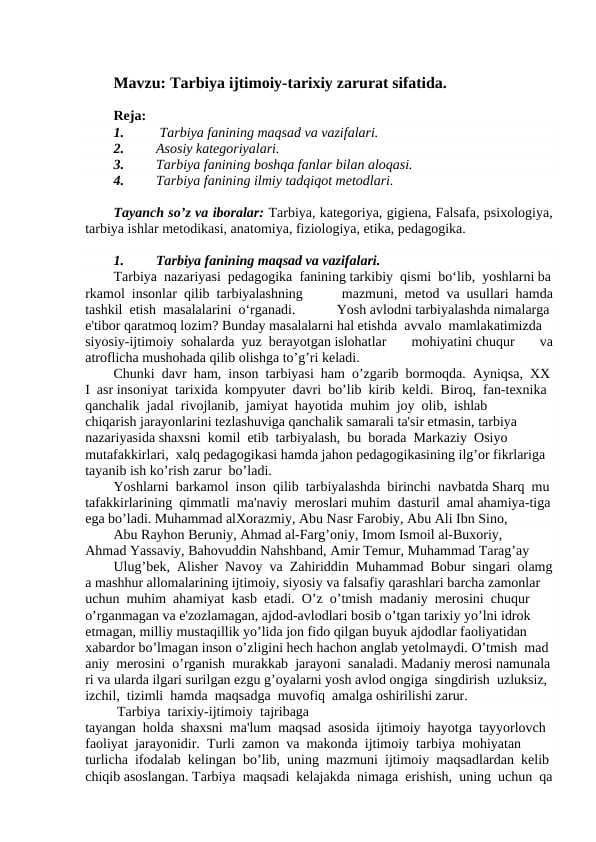 Tarbiya ijtimoiy-tarixiy zarurat sifatida
