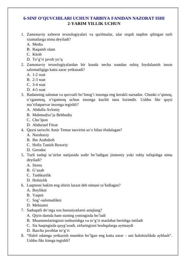6-SINF O’QUVCHILARI UCHUN TARBIYA FANIDAN NAZORAT ISHI 2-YARIM YILLIK UCHUN