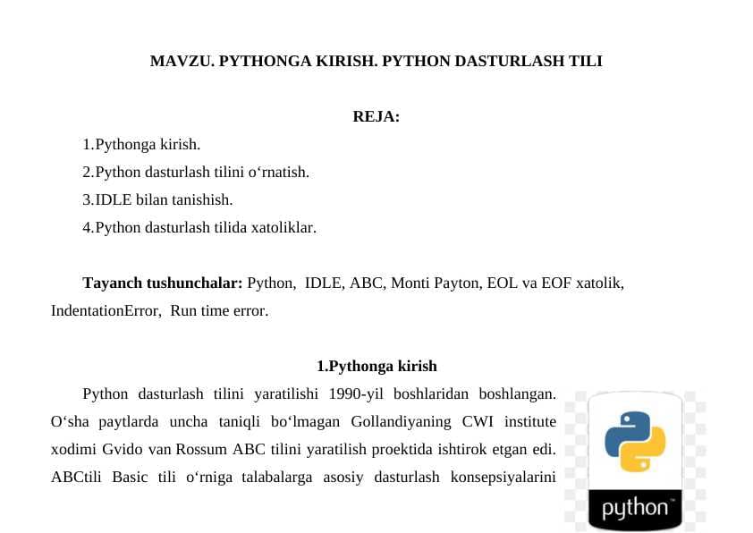 PYTHΟNGA KIRISH. PYTHΟN DASTURLASH TILI