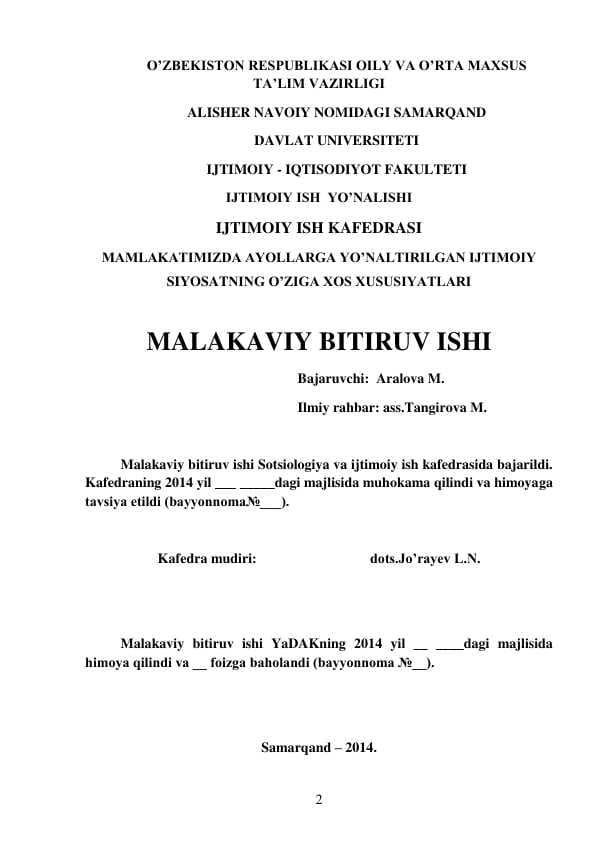 MAMLAKATIMIZDA AYOLLARGA YO’NALTIRILGAN IJTIMOIY SIYOSATNING O’ZIGA XOS XUSUSIYATLARI