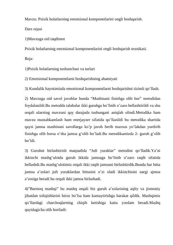 psixik holatlarning emotsional kampanentlarini ongli boshqarish