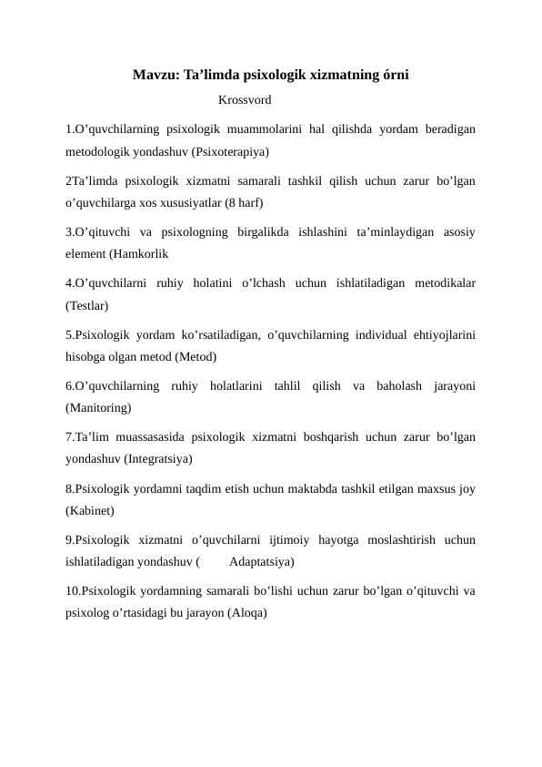 Ta'limda psixologik xizmatning órni