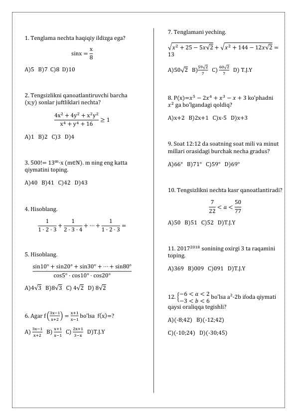 Matematika olimpiada test
