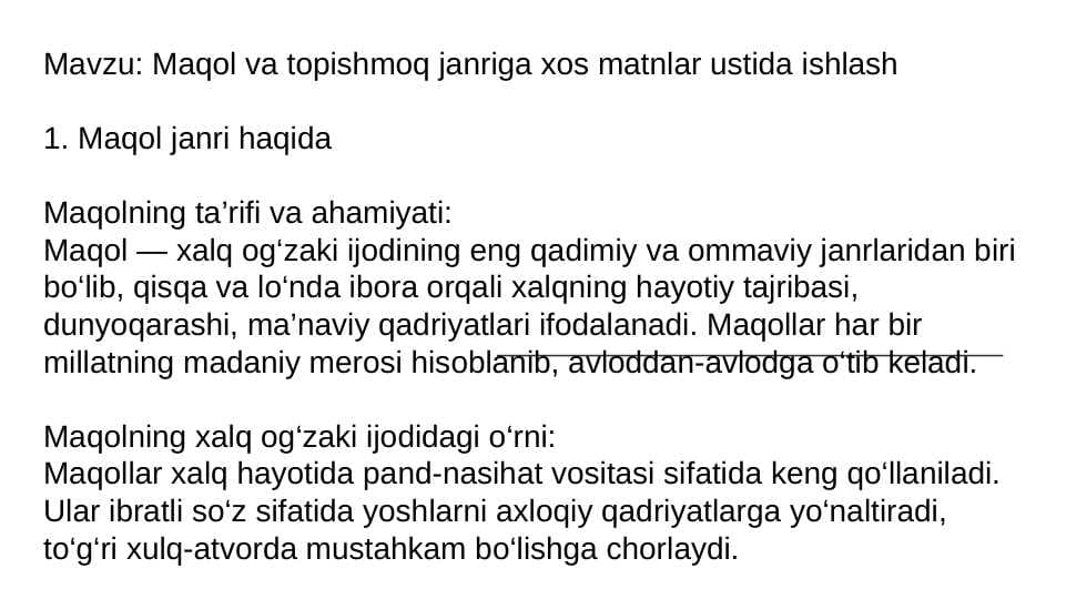 Mavzu: Maqol va topishmoq janriga xos matnlar ustida ishlash
