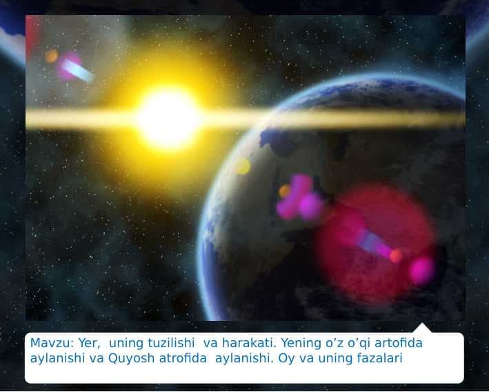 Mavzu: Yer,  uning tuzilishi  va harakati. Yening o’z o’qi artofida aylanishi va Quyosh atrofida  aylanishi. Oy va uning fazalari