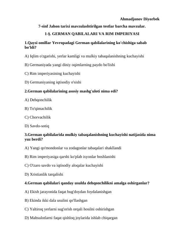 7-sinf Jahon tarixi mavzulashtirilgan testlar barcha mavzular