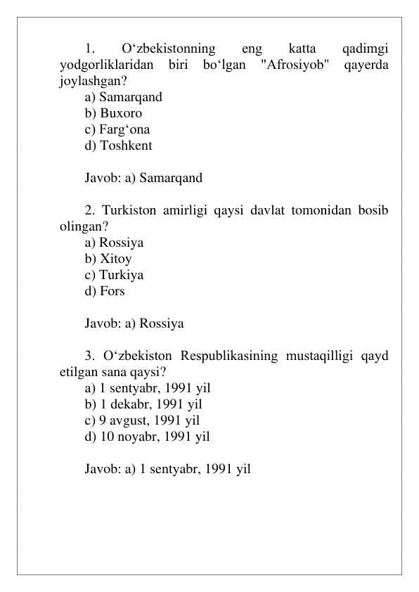 O'zbekiston Tarixi test