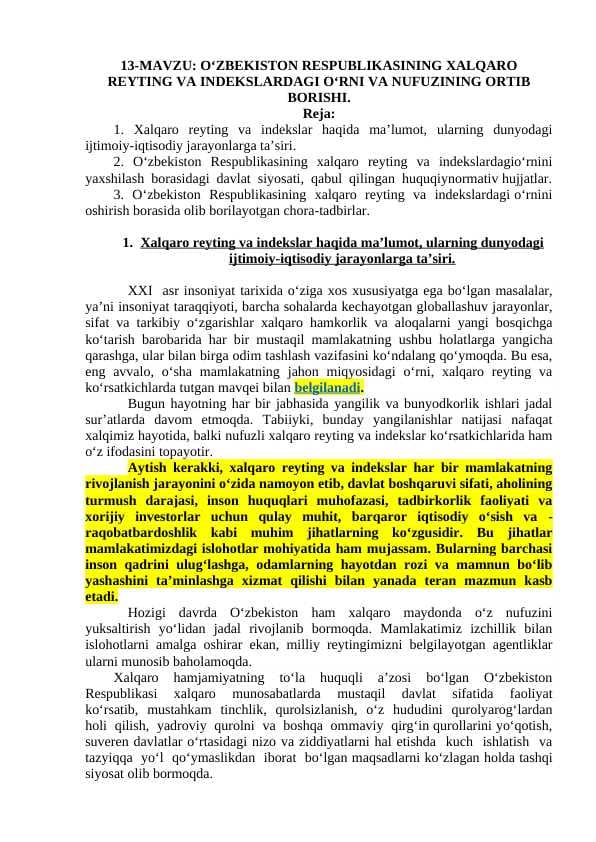 O'zbekiston Respublikasining xalqaro reytingi va indeksdagi o'rni