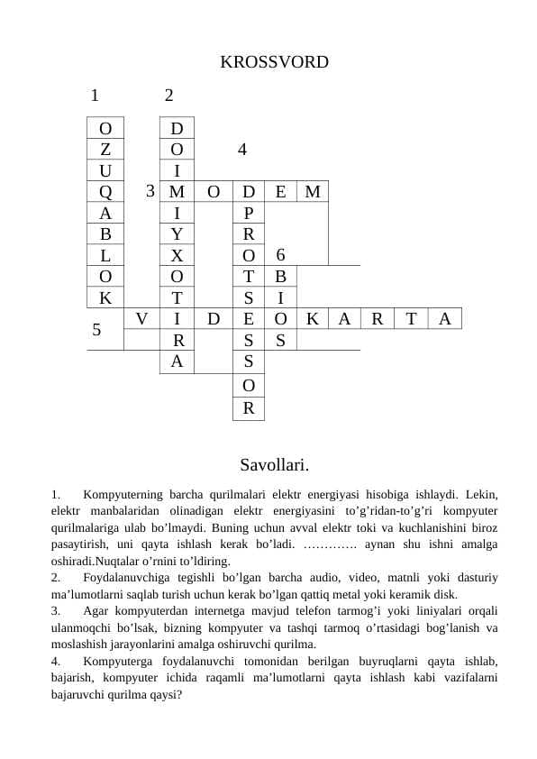 kompyuter taminoti fanidan krossvord