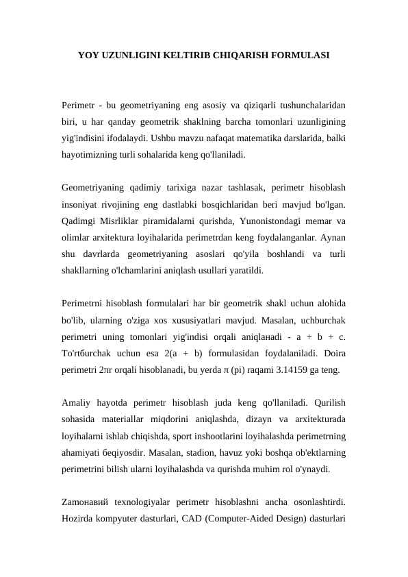 YOY UZUNLIGINI KELTIRIB CHIQARISH FORMULASI