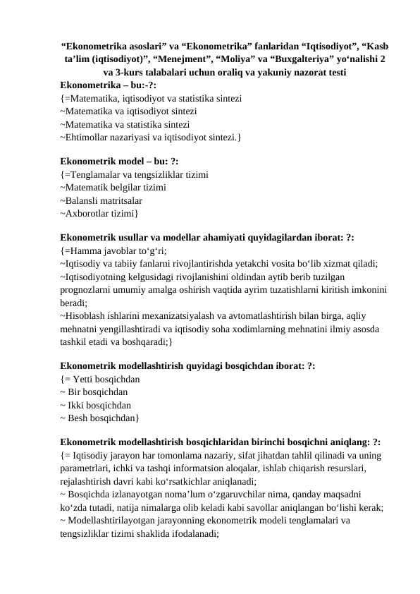 Ekonometrika test javoblari