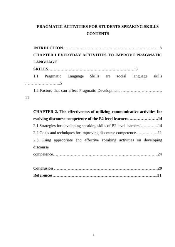 PRAGMATIC ACTIVITIES FOR STUDENTS SPEAKING SKILLS CONTENTS