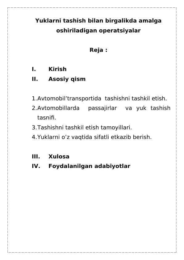 Yuklarni tashish bilan birgalikda amalga oshiriladigan operatsiyalar