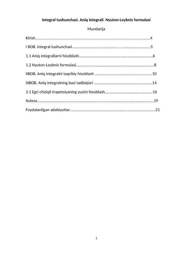 Integral tushunchasi. Aniq integrall. Nyuton-Leybnis formulasi