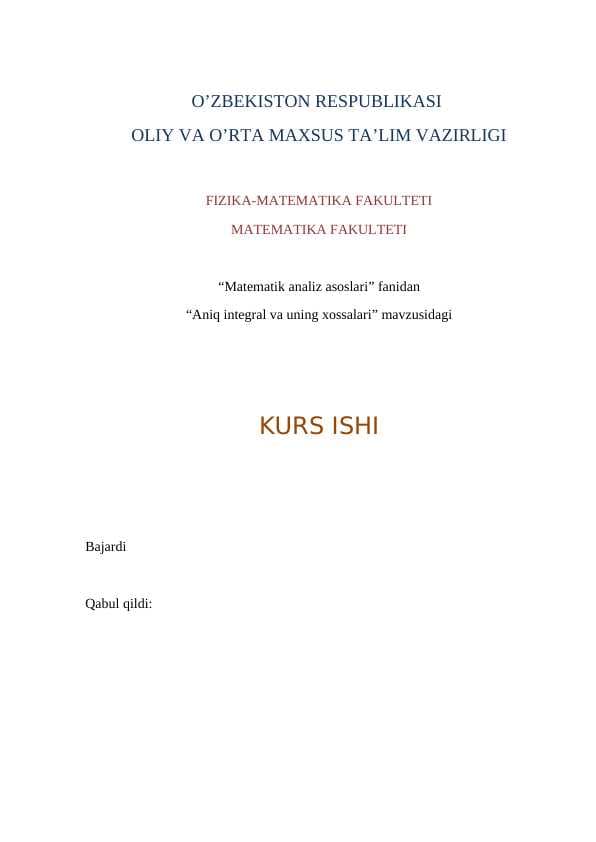Aniq integral va uning xossalari