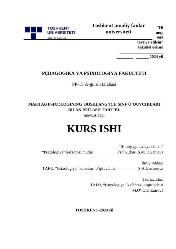 MAKTAB PSIXOLOGINING BOSHLANG'ICH SINF O'QUVCHILARI BILAN ISHLASH TARTIBI