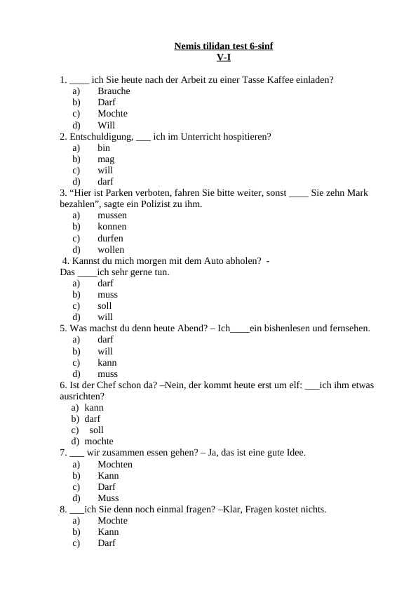 Nemis tilidan test 6-sinf. 50 talik