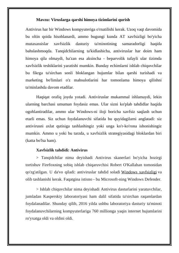 Viruslarga qarshi himoya tizimlarini qurish