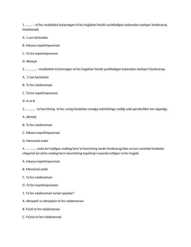BUXGALTERIYADAN 15 TALIK TEST SAVOLLARI [HAMMASINI JAVOBI A]