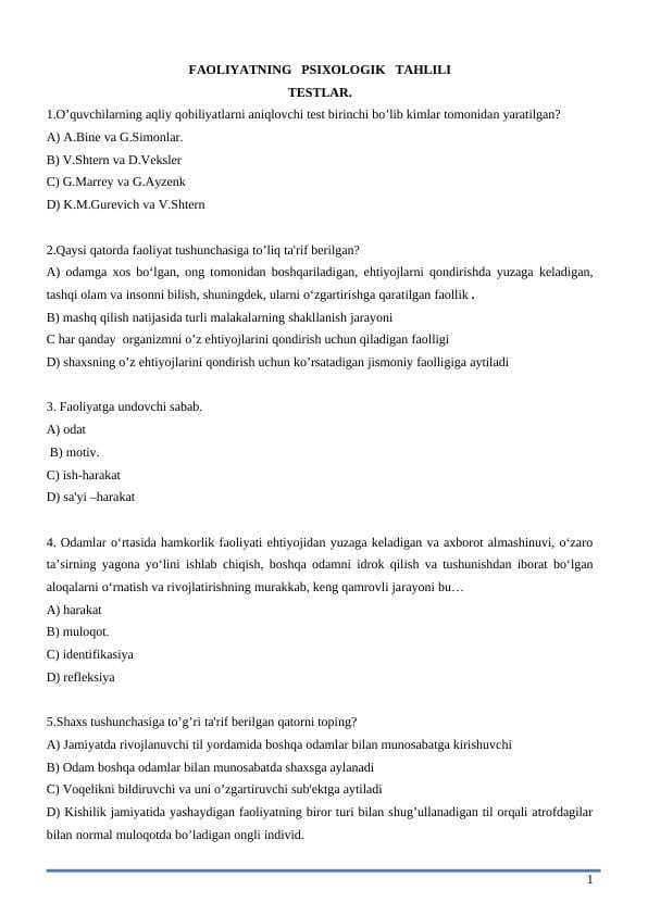 FAOLIYATNING   PSIXOLOGIK   TAHLILI  TEST