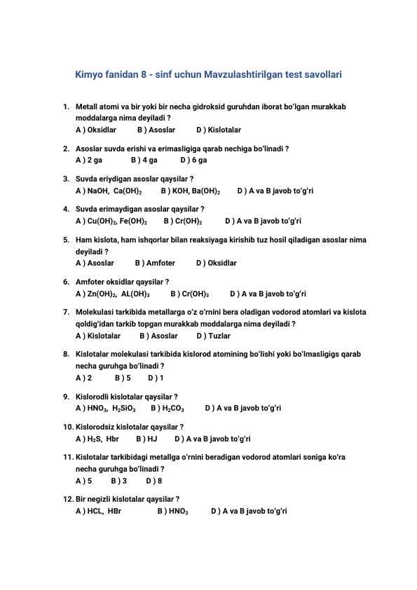 Kimyo fanidan mavzulastirilgan test, javoblari bilan.