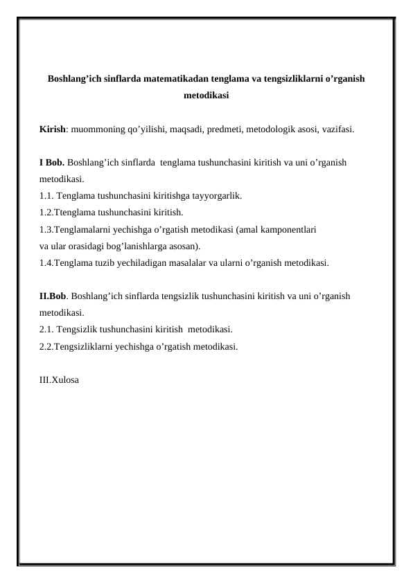 Boshlang’ich sinflarda matematikadan tenglama va tengsizliklarni o’rganish metodikasi