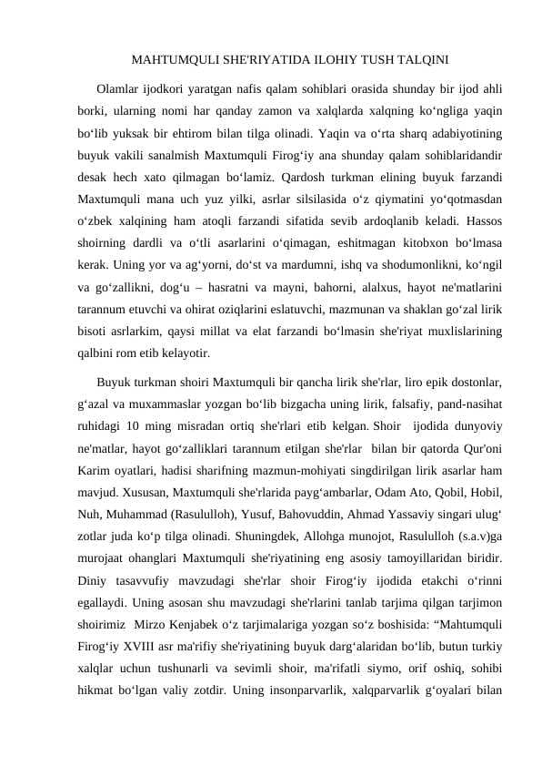 MAHTUMQULI SH''RIYATIDA ILOHIY TUSH TALQINI