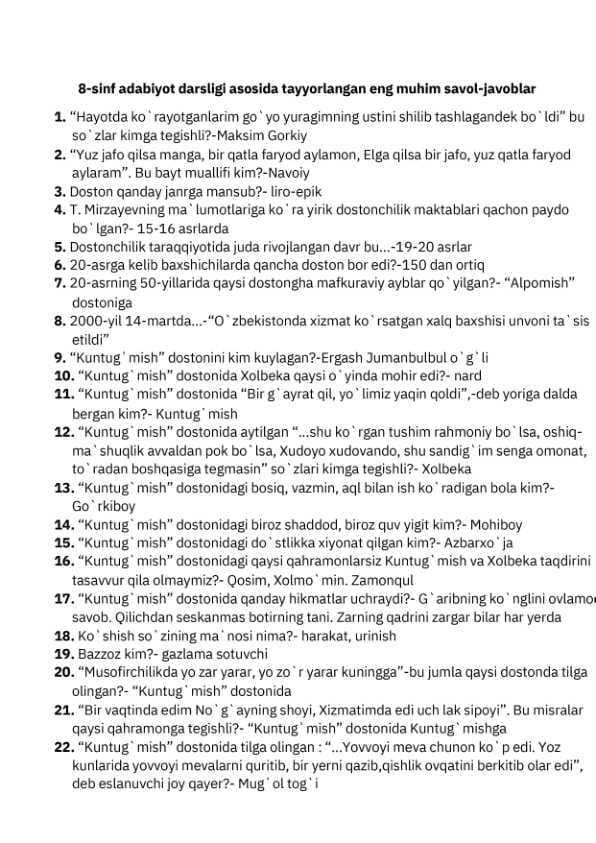 8- sinf adabiyot savol -javobi
