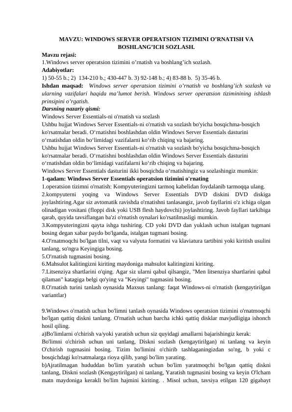WINDOWS SERVER OPERATSION TIZIMINI O’RNATISH VA BOSHLANG’ICH SOZLASH.