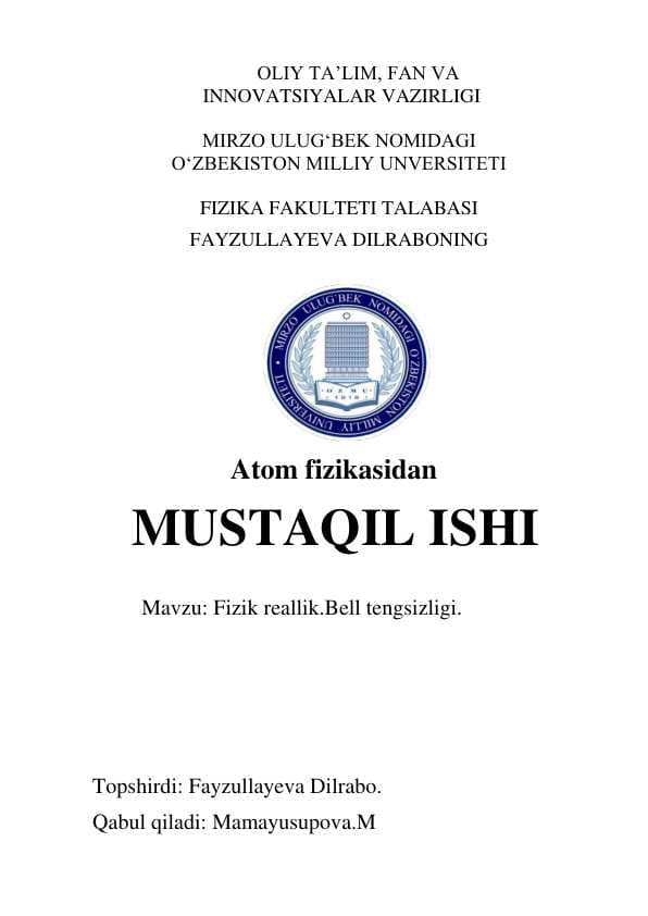 Fizik reallik.Bell tengsizligi.