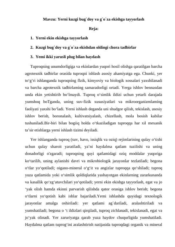 Yerni kuzgi bug`doy va g`o`za ekishga tayyorlash