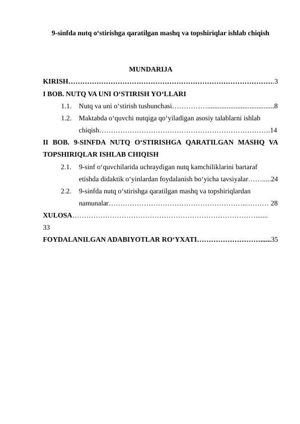 9-sinfda nutq o‘stirishga qaratilgan mashq va topshiriqlar ishlab chiqish