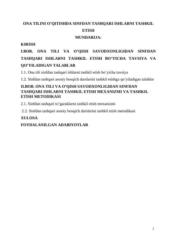 ONA TILINI O’QITISHDA SINFDAN TASHQARI ISHLARNI TASHKIL ETISH