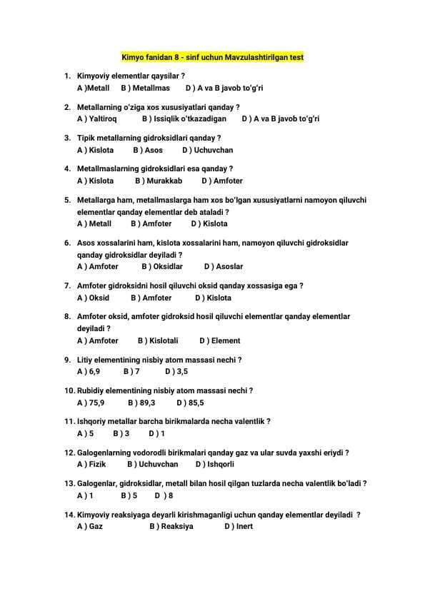 Kimyo fanidan test savollari javoblari bilan / 8-sinf uchun