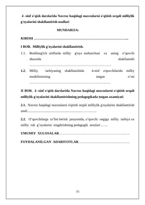 4 -sinf o'qish darslarida Navroz haqidagi mavzularni o'qitish orqali milliylik g'oyalarini shakllantirish usullari