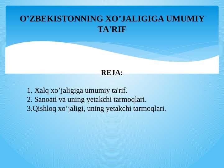 O’ZBEKISTONNING XO’JALIGIGA UMUMIY TA'RIF