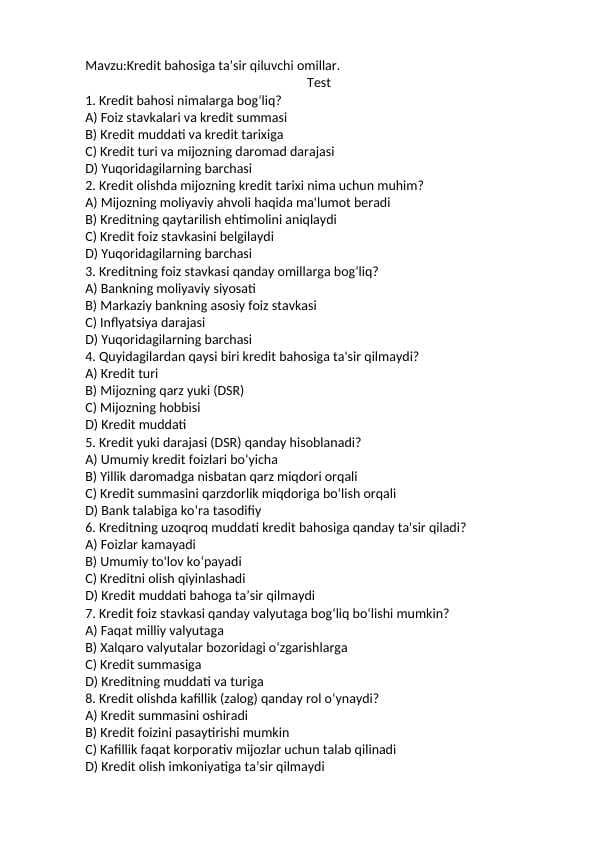 Kredit bahosiga taʼsir qiluvchi omillar mavzusida test