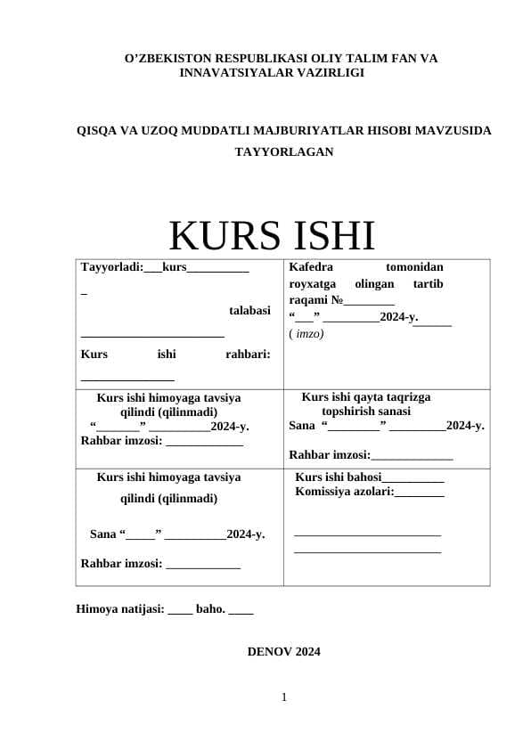 Qisqa va uzoq muddatli majburiyatlar hisobi mavzusidan Kurs ishi