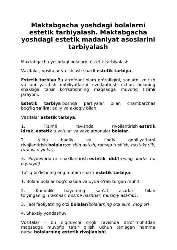 Maktabgacha yoshdagi bolalarni estetik tarbiyalash. Maktabgacha yoshdagi estetik madaniyat asoslarini tarbiyalash