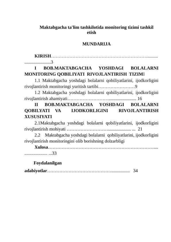 Maktabgacha ta'lim tashkilotida monitoring tizimi tashkil etish