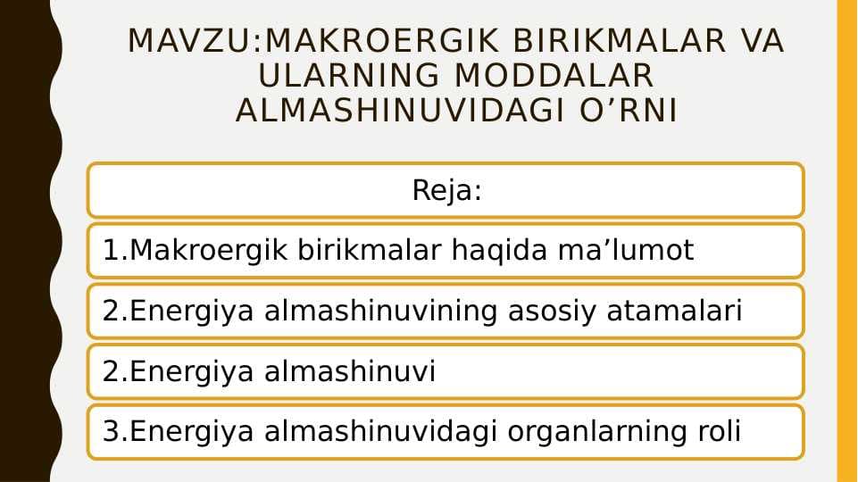 Makroergik birikmalar va ularning moddalar almashinuvidagi o’rni
