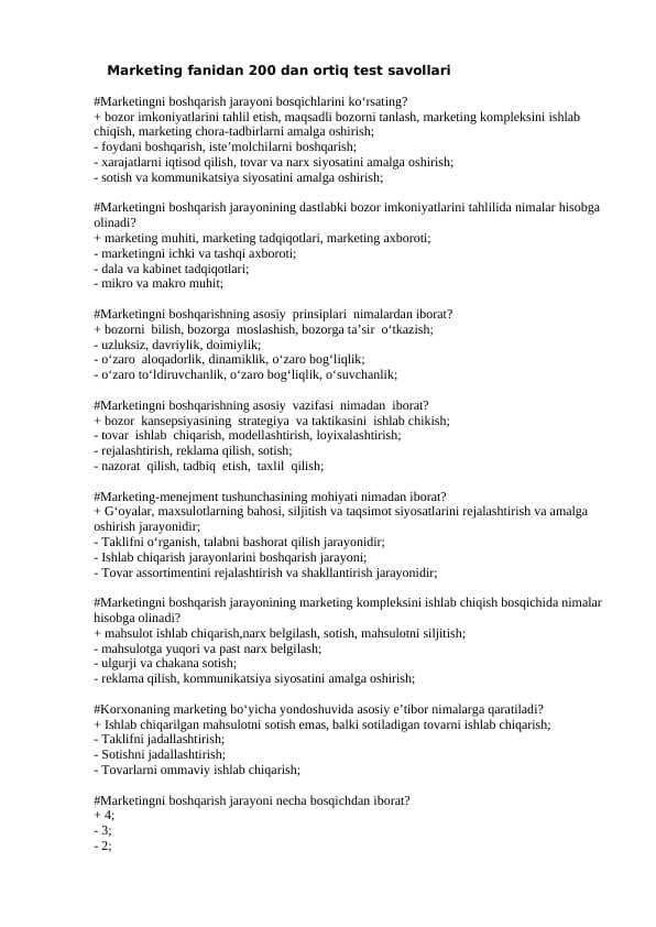 Marketing Fanidan 200 ta test javoblari bilan