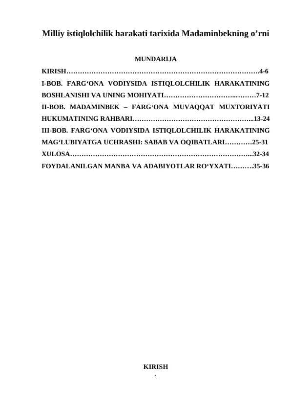 Milliy istiqlolchilik harakati tarixida Madaminbekning o’rni
