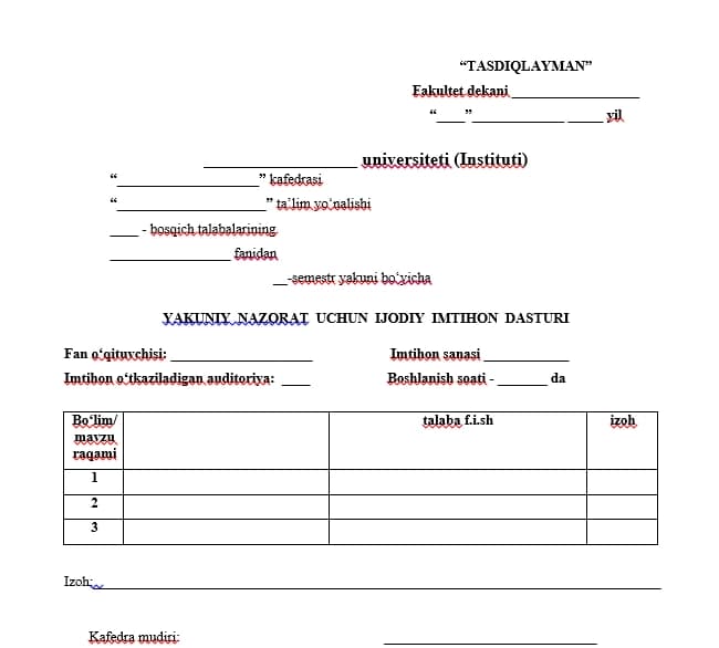 Ijodiy imtihon dasturi. shablon