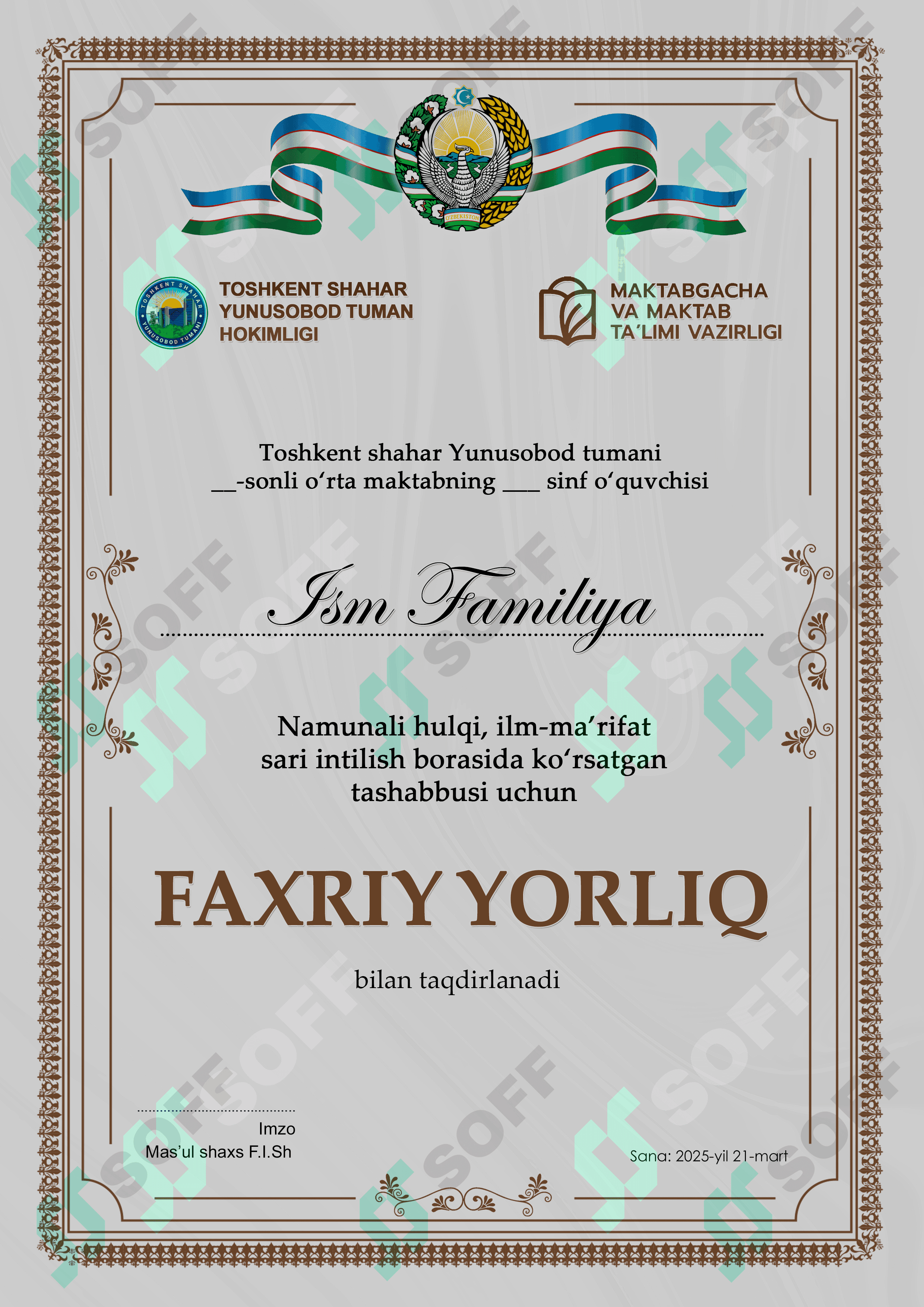 Faxriy yorliq shablon
