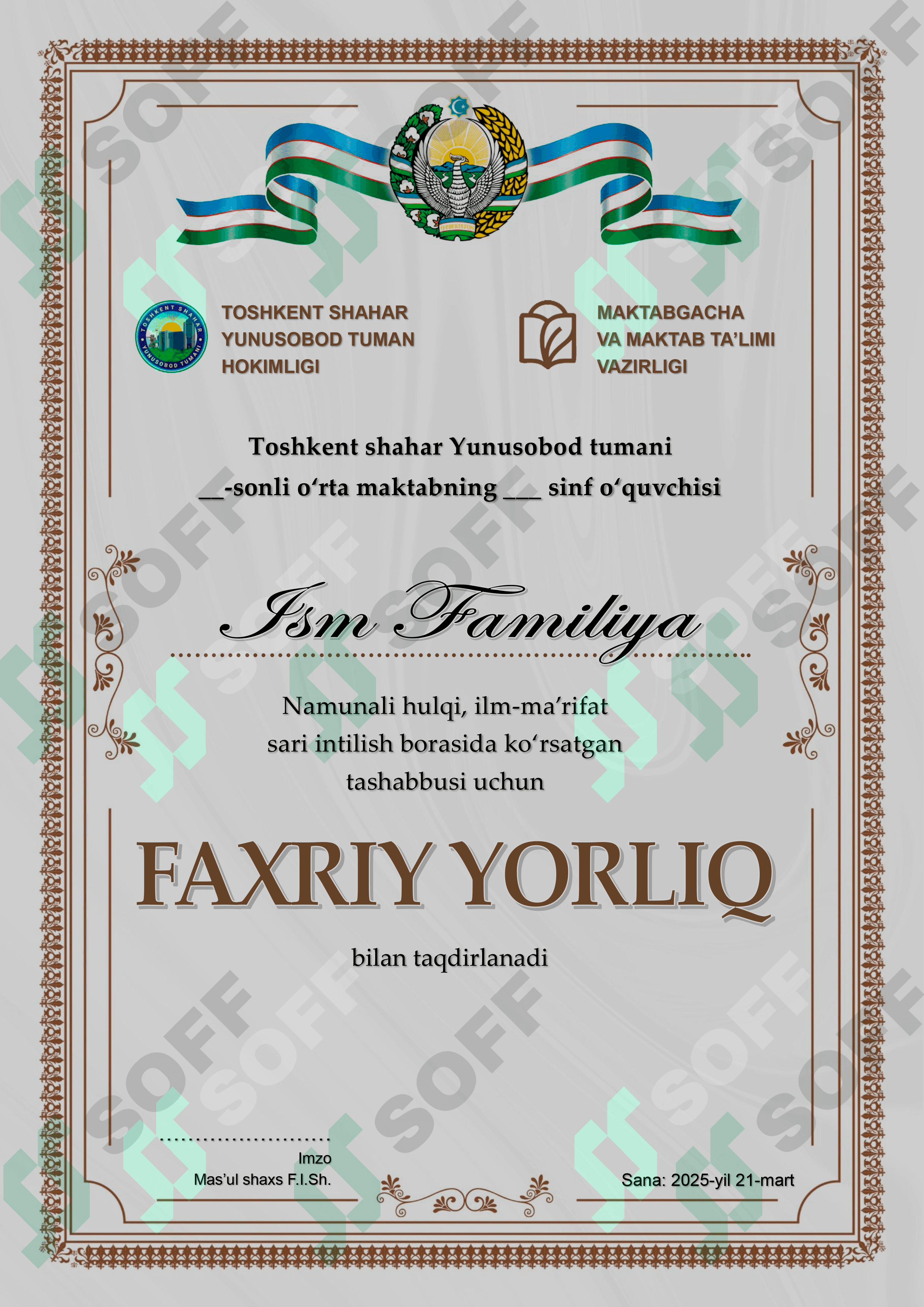 Faxriy yorliq shablon Word