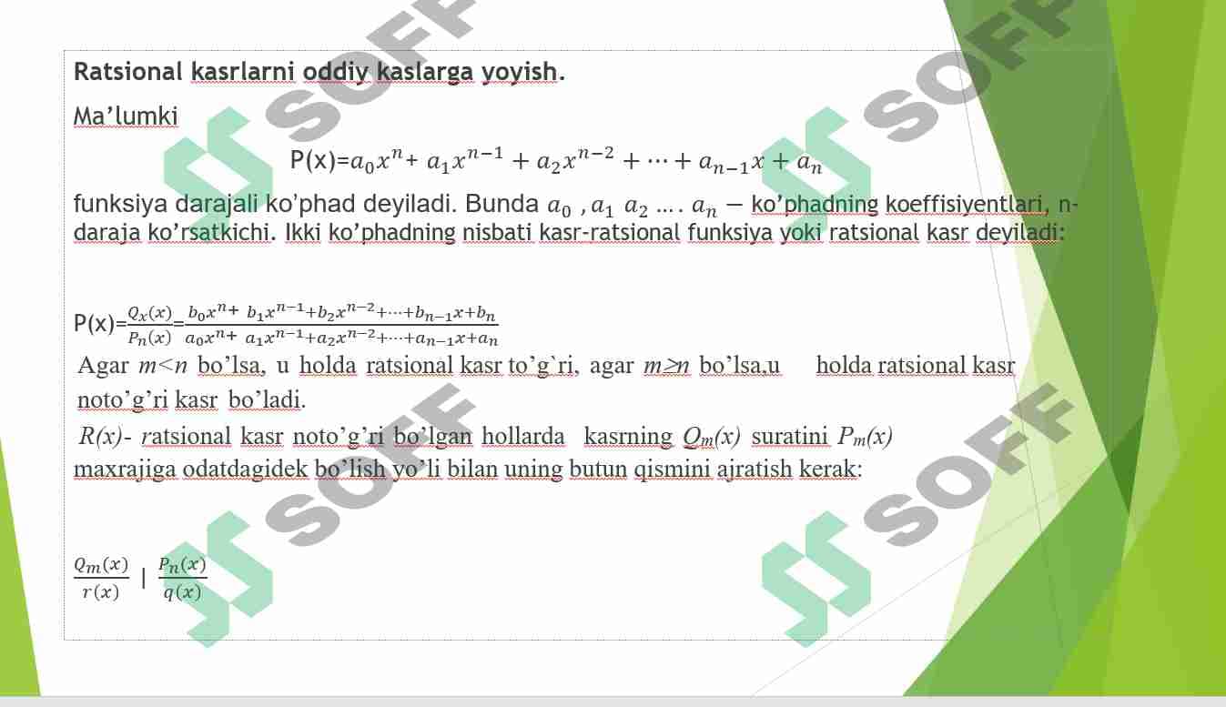 Ratsional kasr trigonometrik ,irratsional  funksiyalarni integrallash