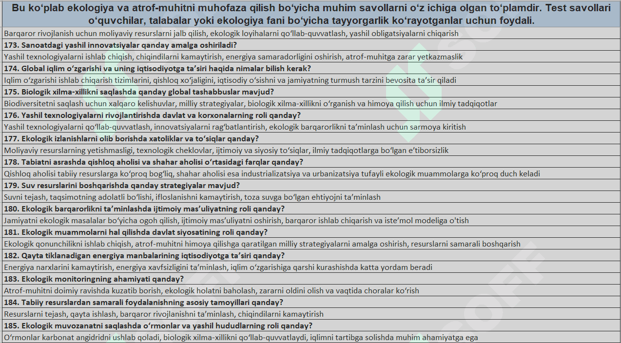 Ekologiy va atrof muhit_200 ta test_savol_javoblar