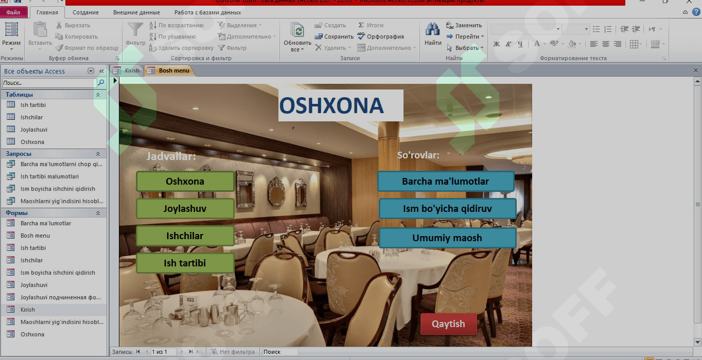 MS Access 2010 da Oshxona tizimi. Berilganlar Bazasi