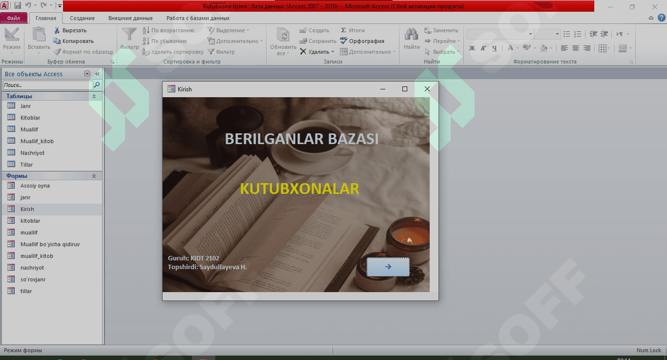 MS Access 2010 da Kutubxona tizimi. Berilganlar Bazasi